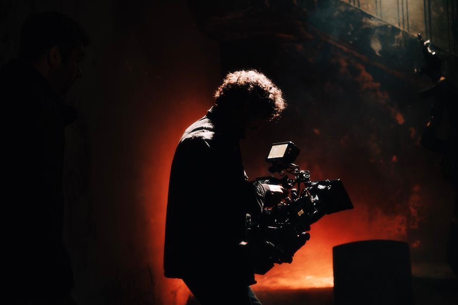 A film crew working on set